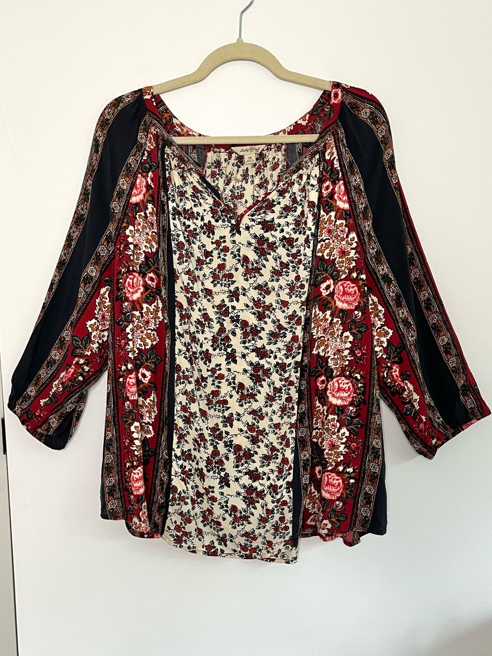Lucky Brand 1X Floral Boho V-Neck Flowy Mixed-Print Tunic Blouse Artsy Peasant